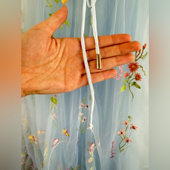 Elegant Cottagecore Tulle Embroidered Whimsy Floral Prom Dress in Light Blue 2 - Picture 7 of 15